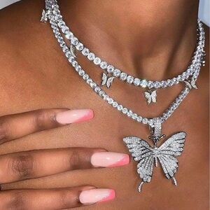 2pc Butterfly Necklace Chain Silver Bling Pendant Shiny Zirconia Stones N8